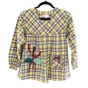 Plaid Applique Cottagecore Top Women's M Yellow Granny Kidcore Bohemian Boho